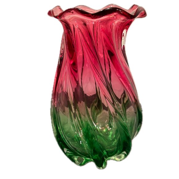 Swirled Glass Vase Tulip Shape Urn Ruffled Rim Deep Pink Green Ombre Vintage - Picture 4 of 4